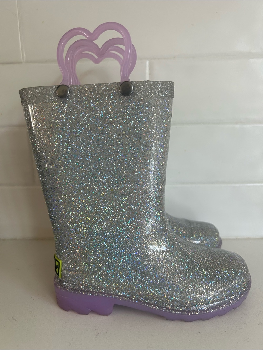 Western Chief Silver Glitter Rain Boots with Purple Soles